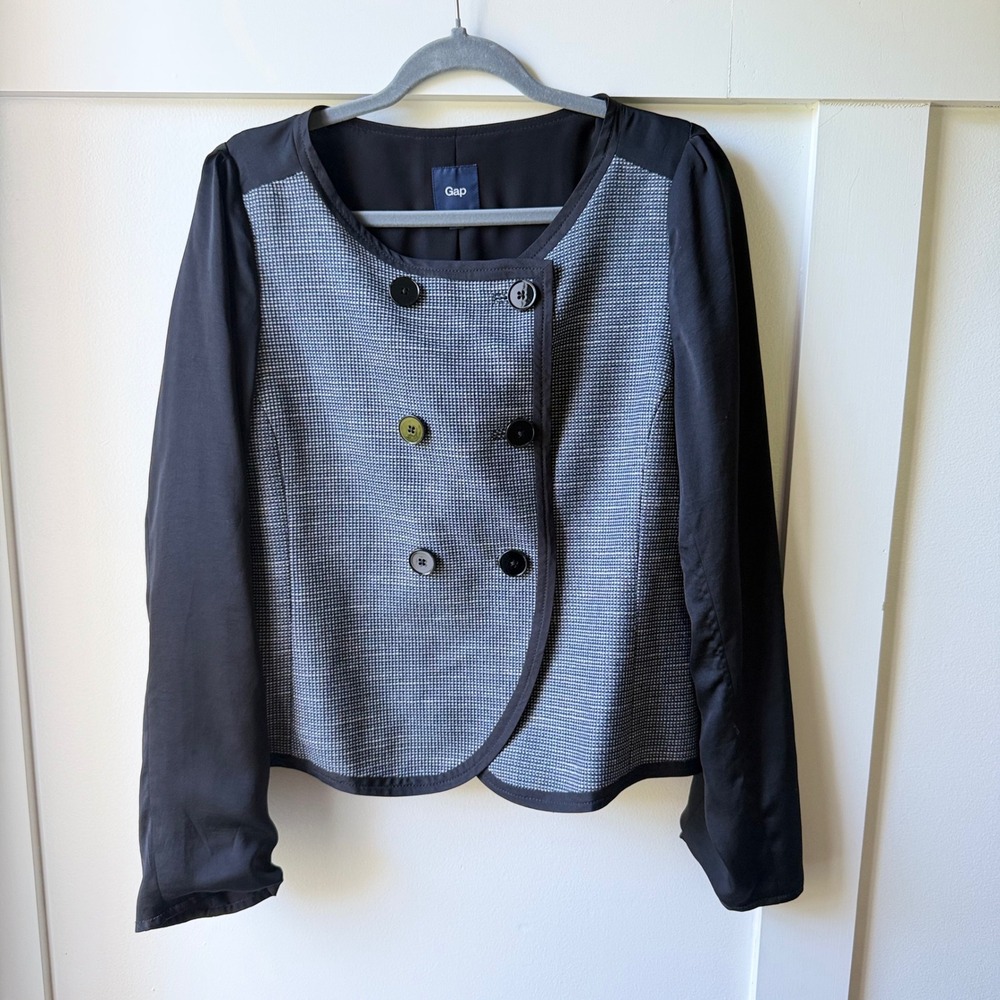 Gap Jacket Navy Blue Micro Check Double Breasted Cropped Blazer Large